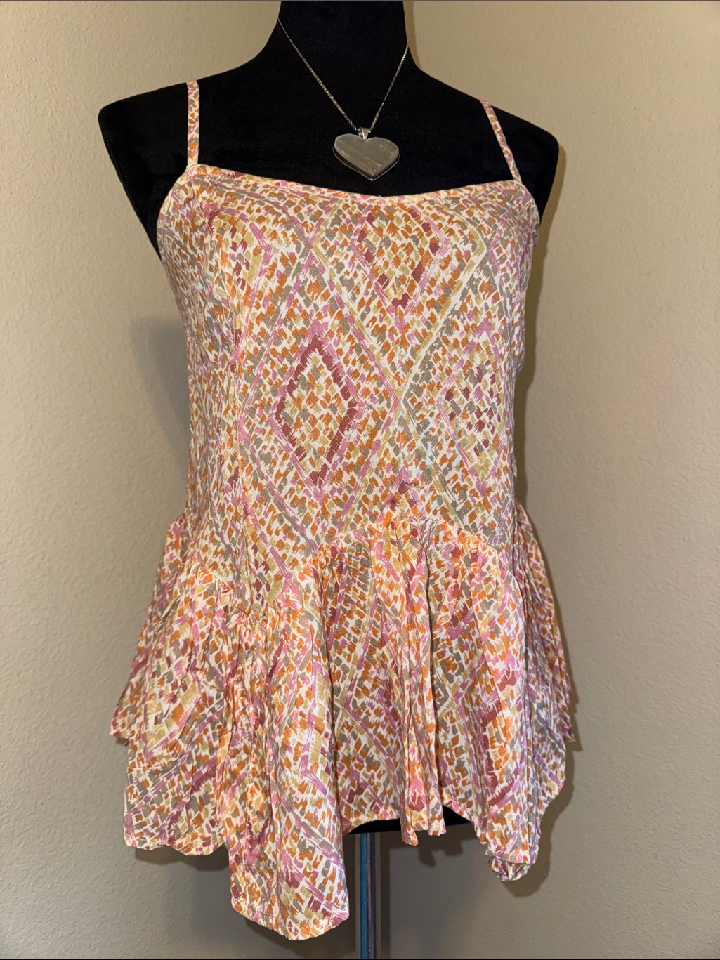 O'neill Pink And Orange Patterned Spaghetti-Strap Peplum Top